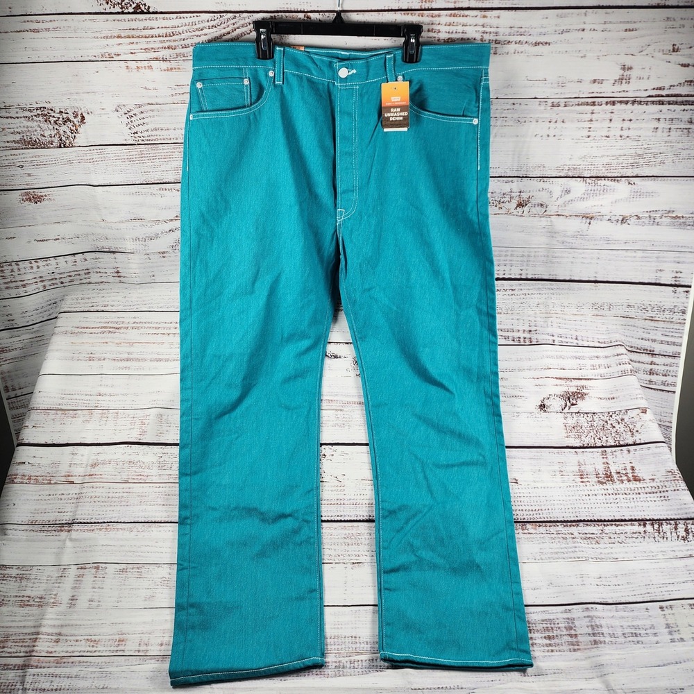 NWT Levi's 501 STF Jeans 42x32 Regular Straight Raw Coral Blue Denim Button Fly - Picture 2 of 12